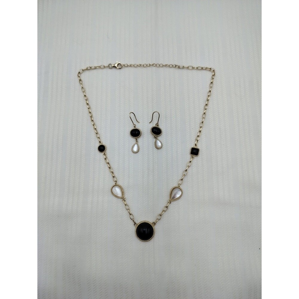 925 Silver CHINA Stamp Gold toned Black White Necklace Earrings Set (Not Tested)
